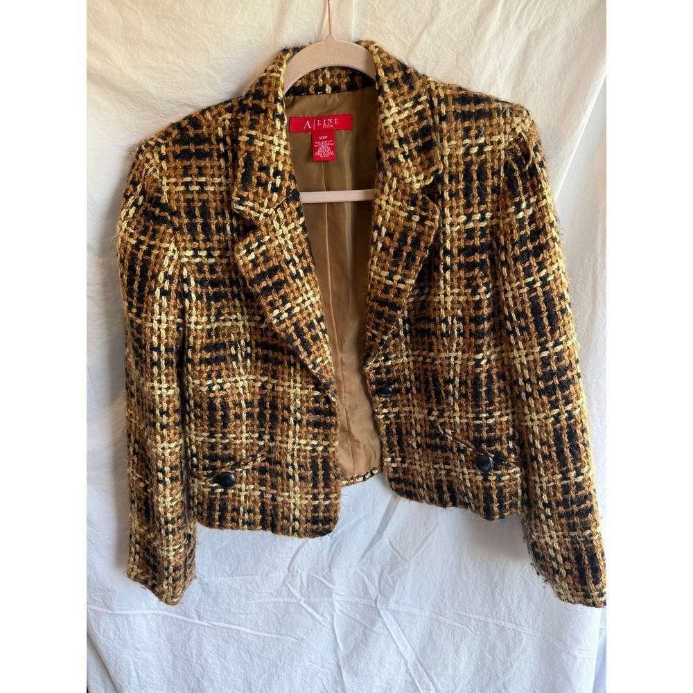 A Line Petite Brown Tan Plaid Tweed Cropped Blazer Jacket Size 10P